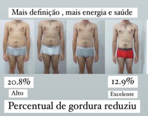 Plano 3 esferas do corpo - Preparação física + Nutrição + Medicina.Paciente chegou ao percentual de gordura excelente: 12.9%.